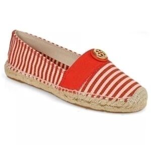Tory Burch Red Orange Striped Linen Slide On Espadrilles